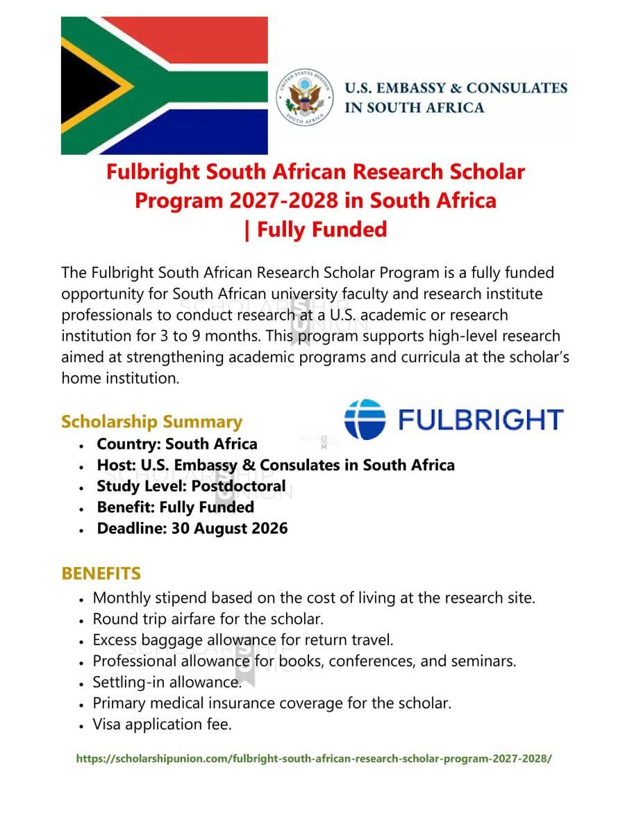 Fulbright South African Research Scholar Program 2027-2028 in South Africa