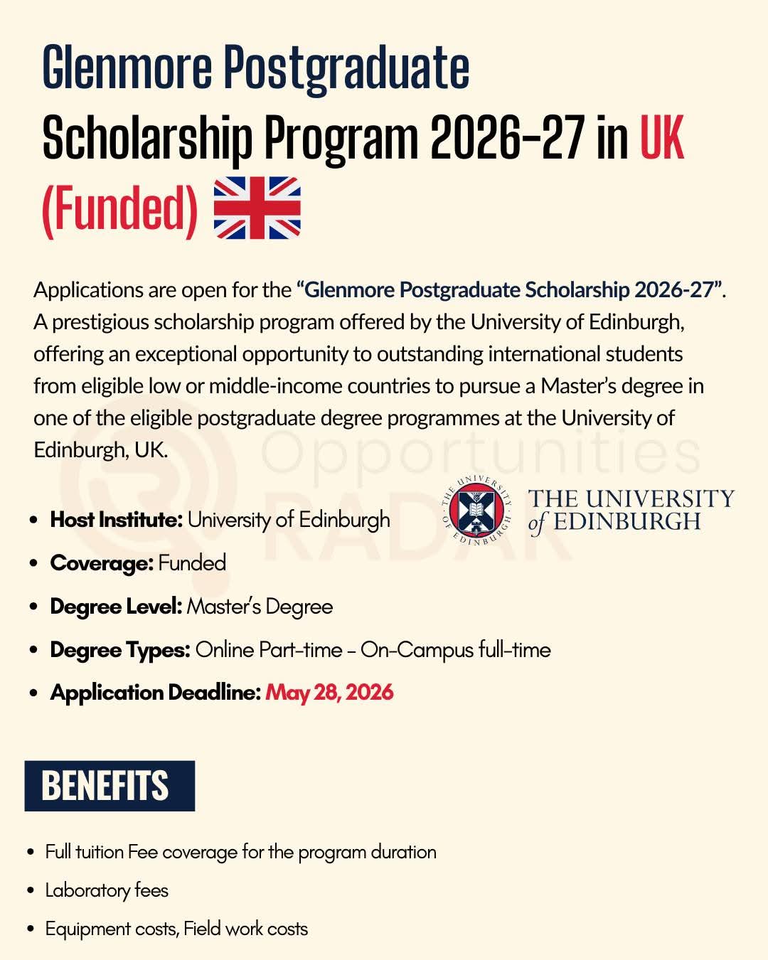 GLENMORE POSTGRADUATE SCHOLARSHIP 2026-27 IN UK (Funded)