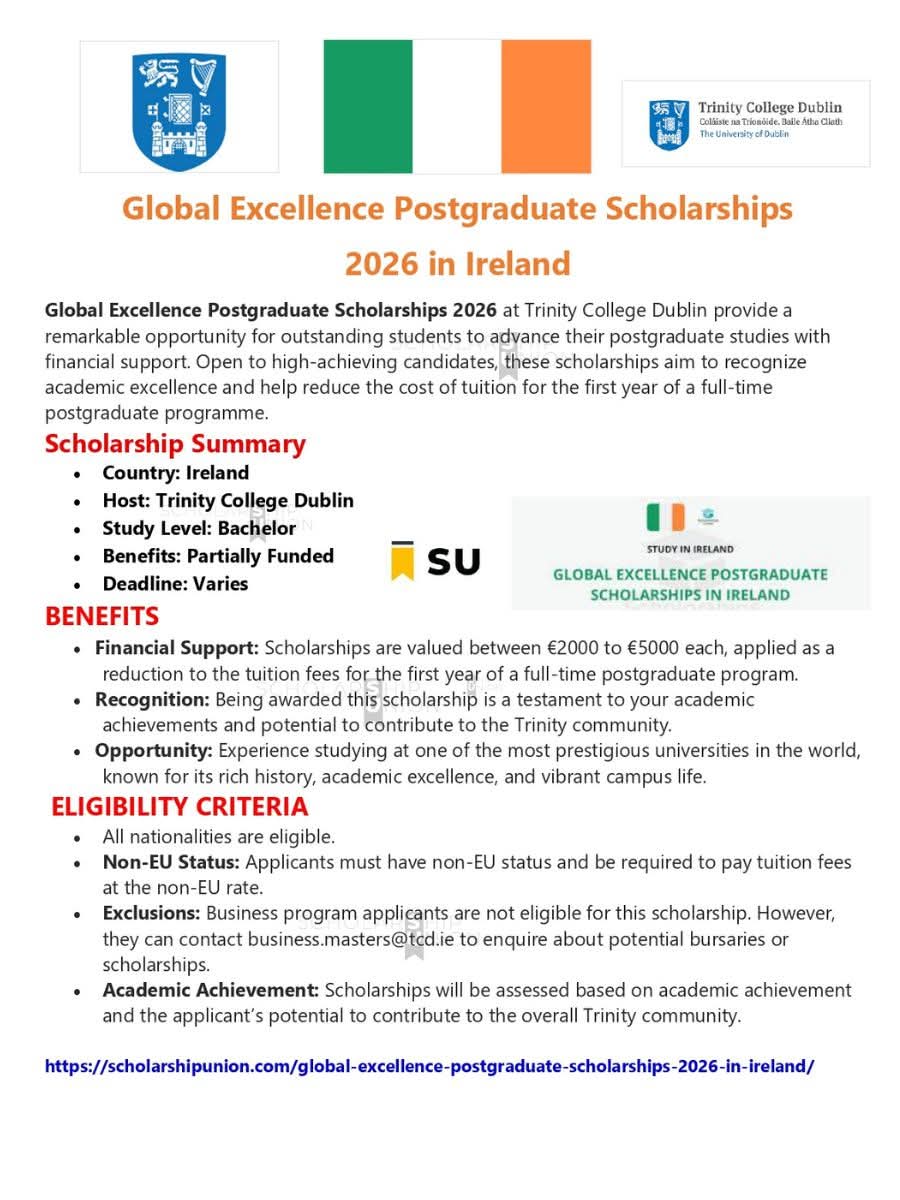 Global Excellence Postgraduate Scholarships 2026 In Ireland