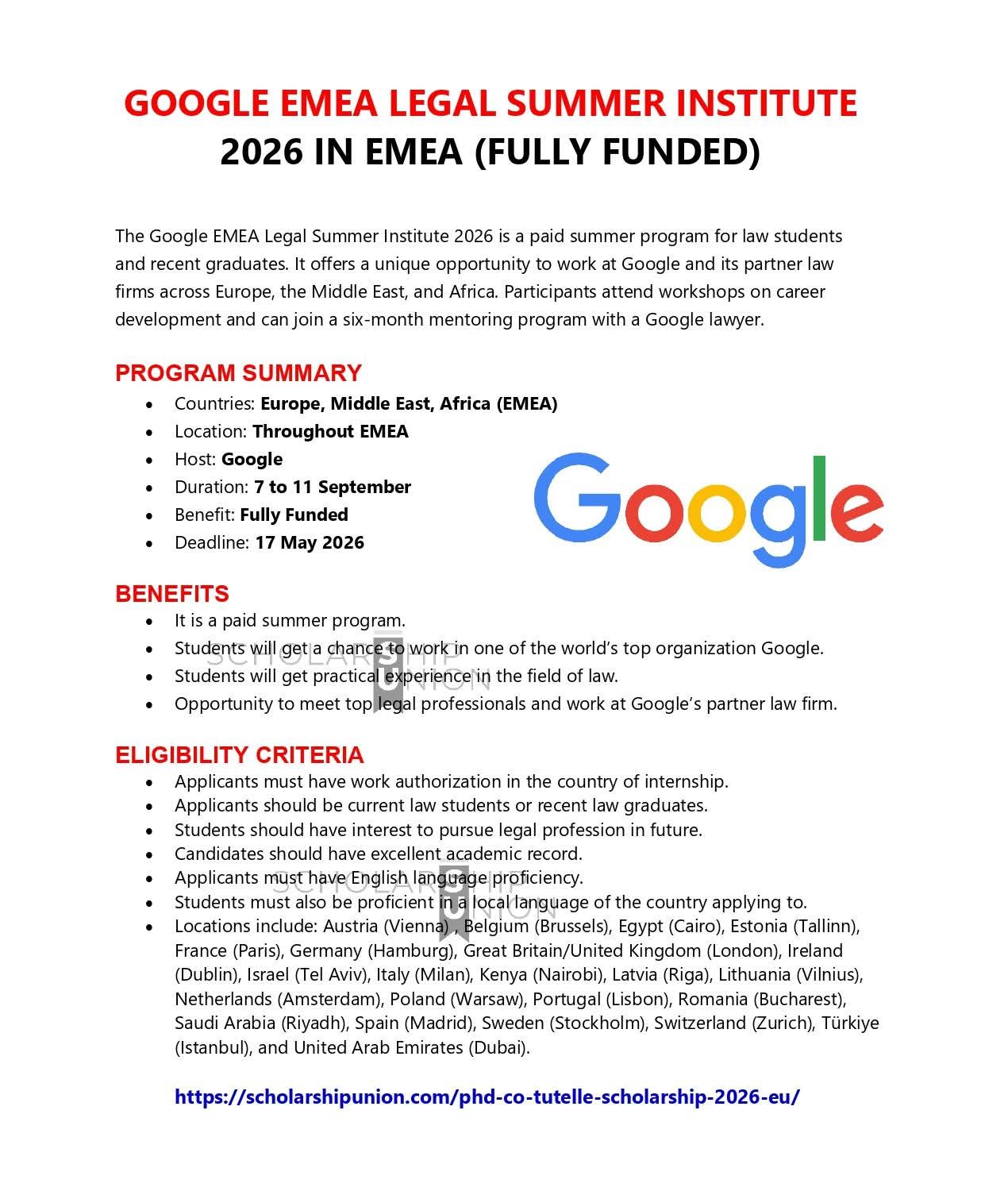 Google EMEA Legal Summer Institute 2026 in EMEA