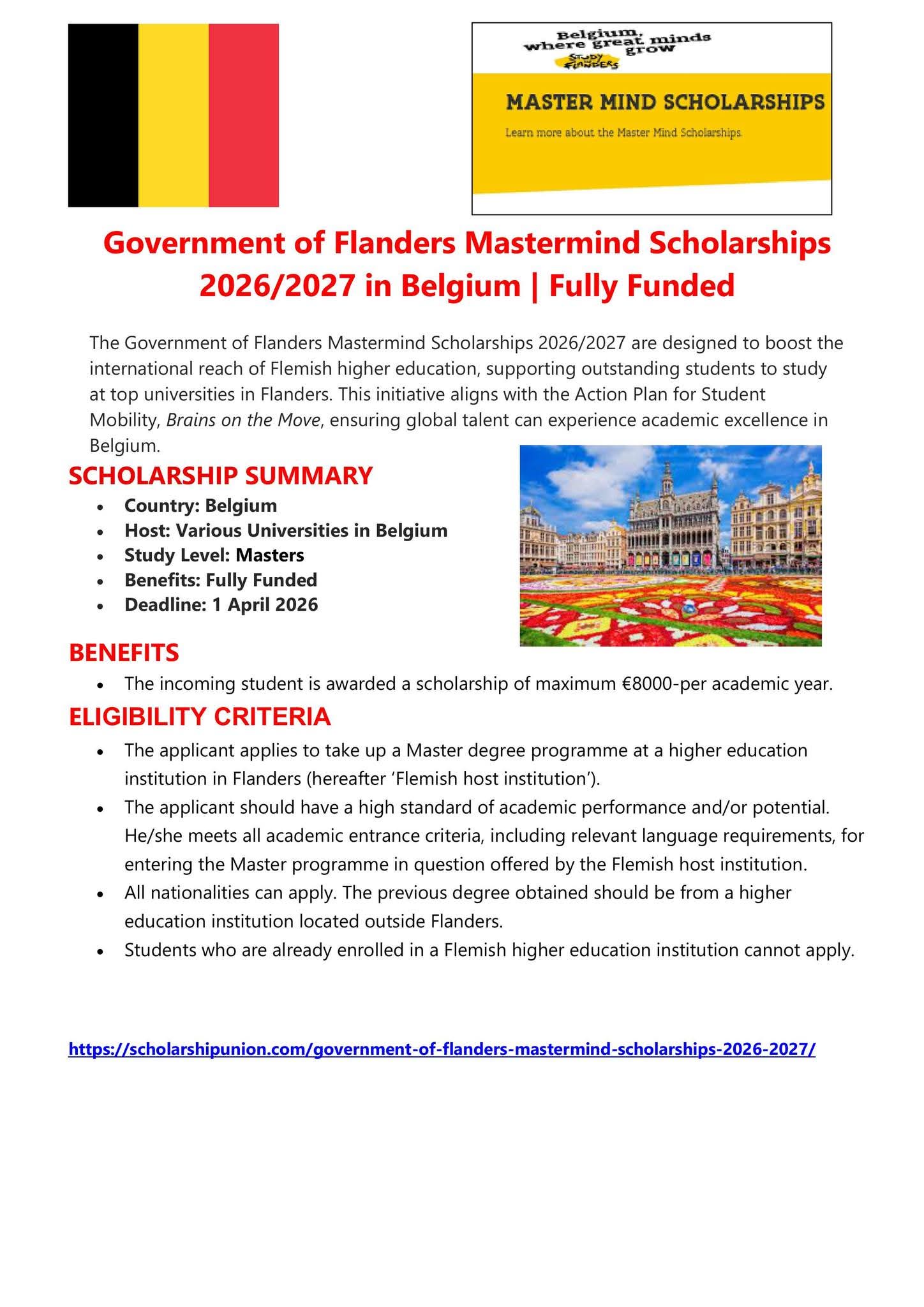 Government of Flanders Mastermind Scholarships 2026-2027 in Belgium
