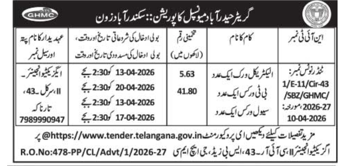 Greater Hyderabad Municipal Corporation (SBZ Zone) E-Tender Notice