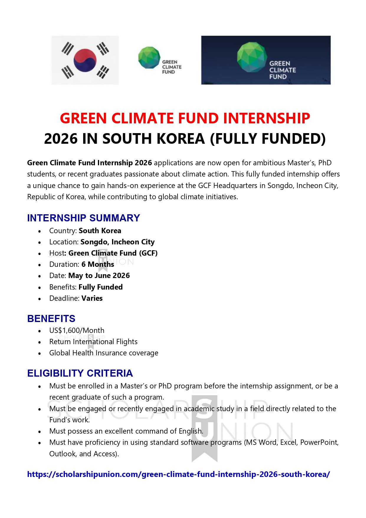 Green Climate Fund (GCF) Internship 2026 In South Korea