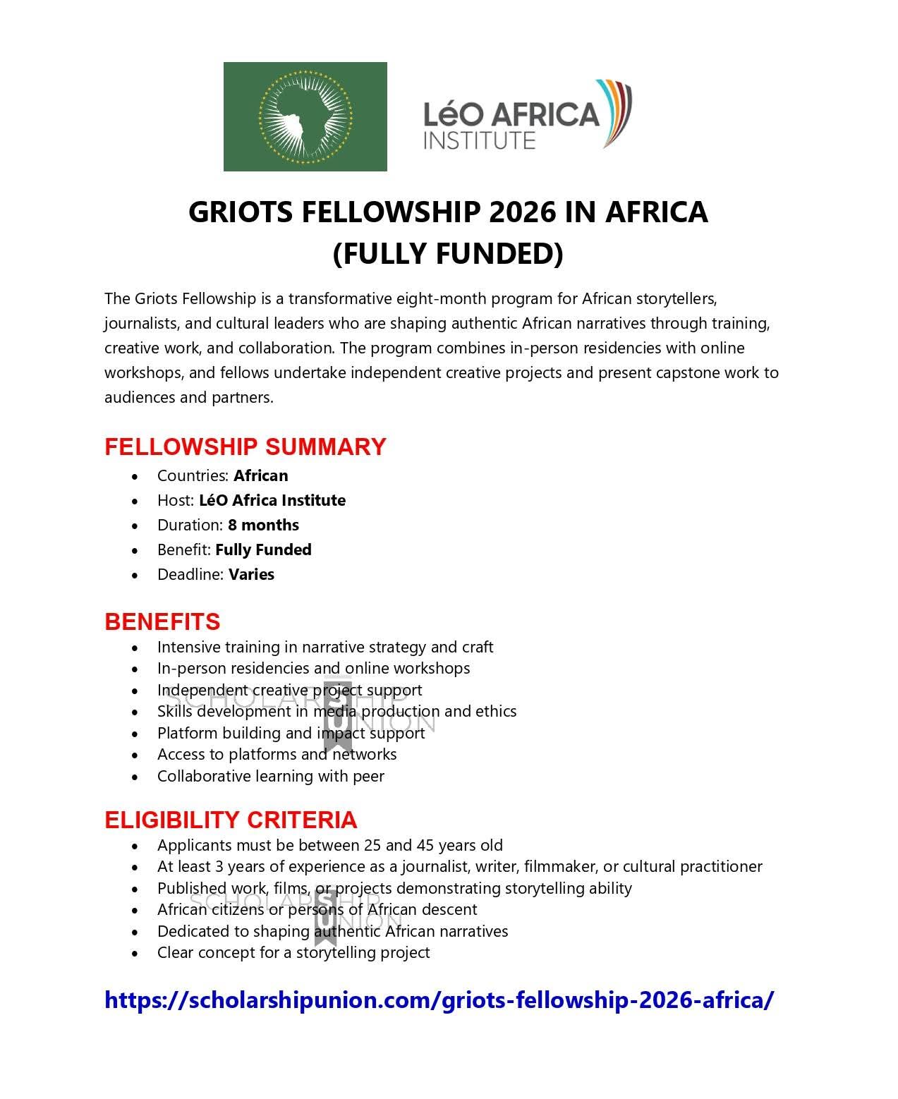 Griots Fellowship 2026 in Africa