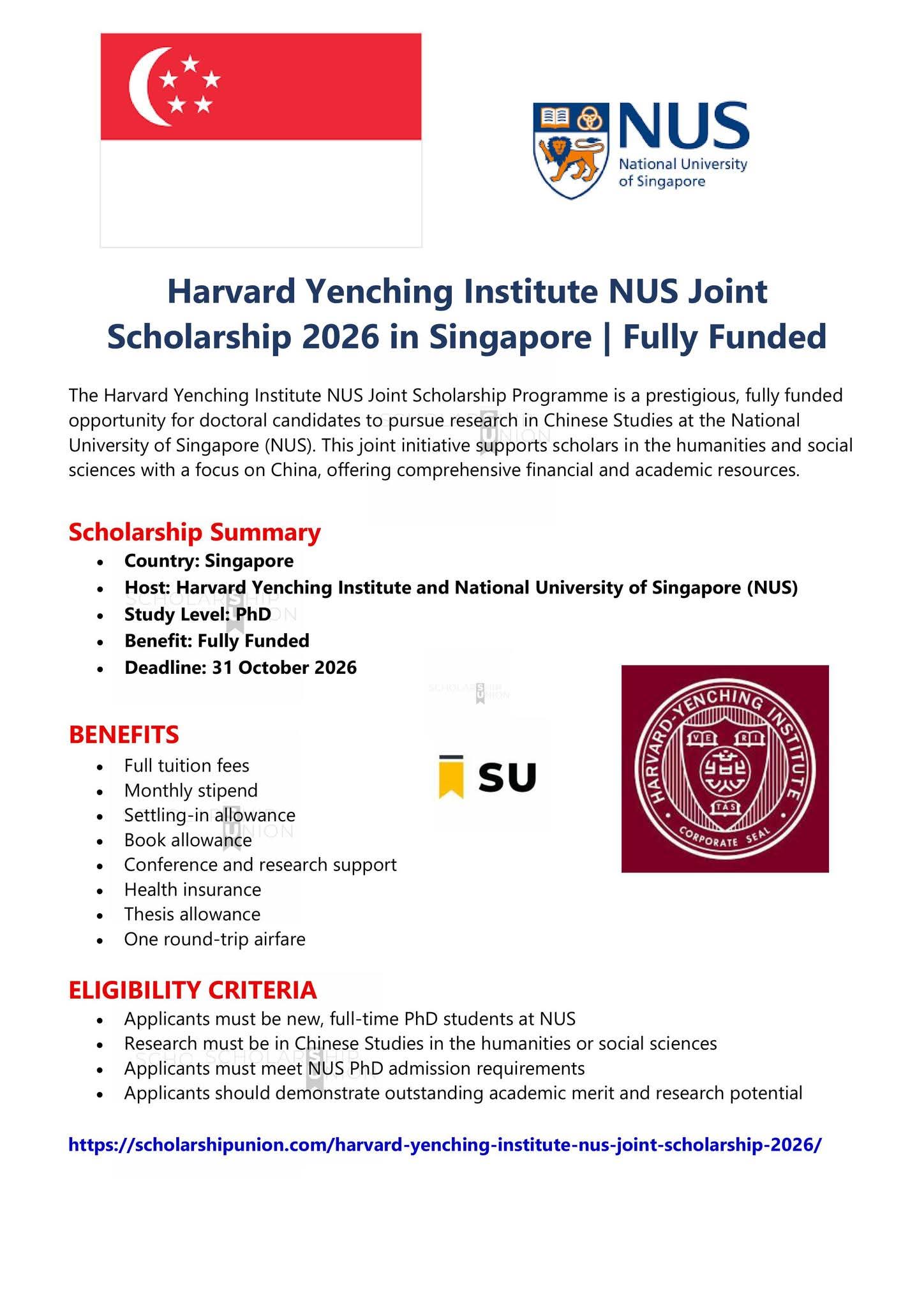 Harvard Yenching Institute NUS Joint Scholarship 2026 in Singapore