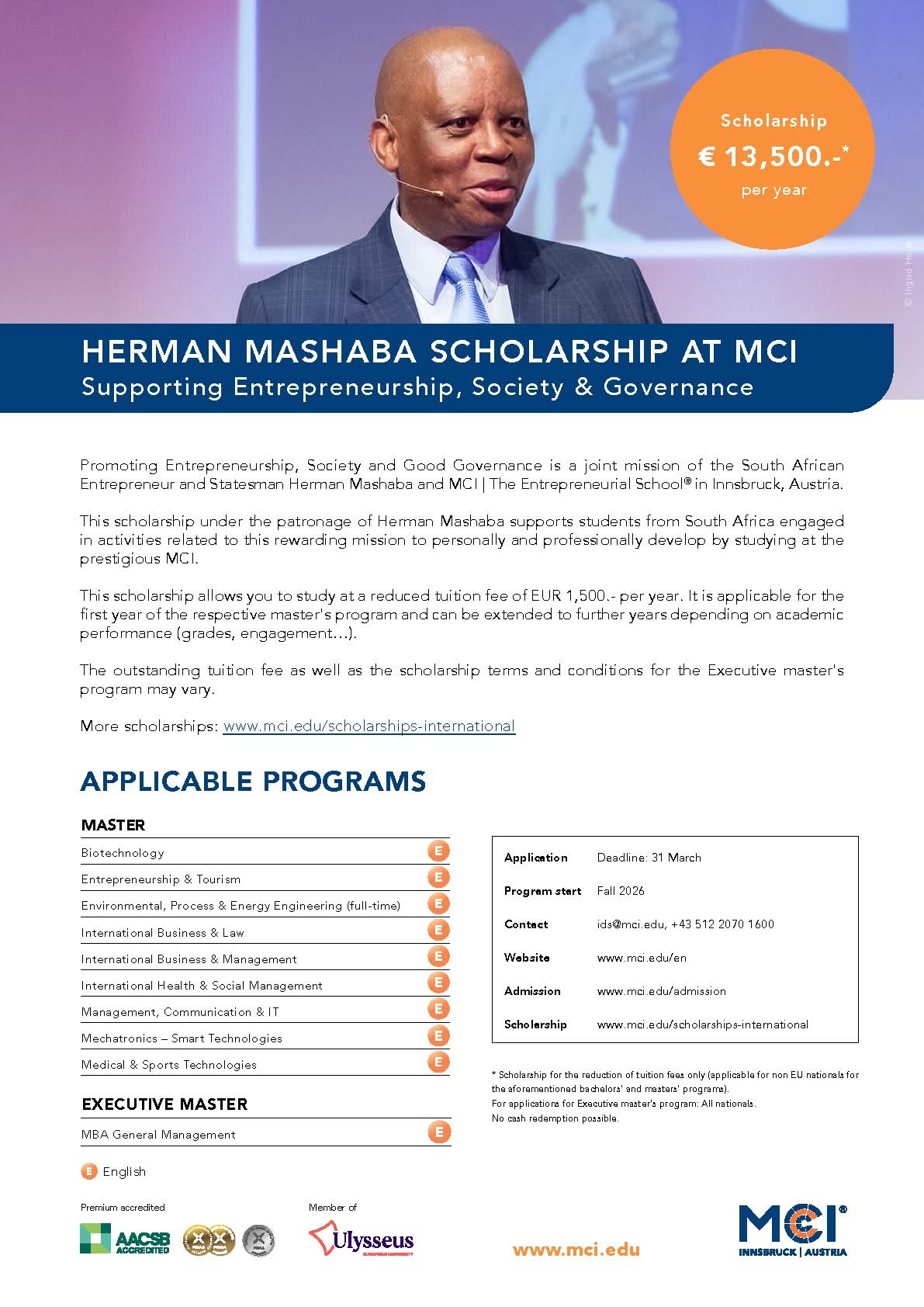 HERMAN MASHABA SCHOLARSHIP IN AUSTRIA