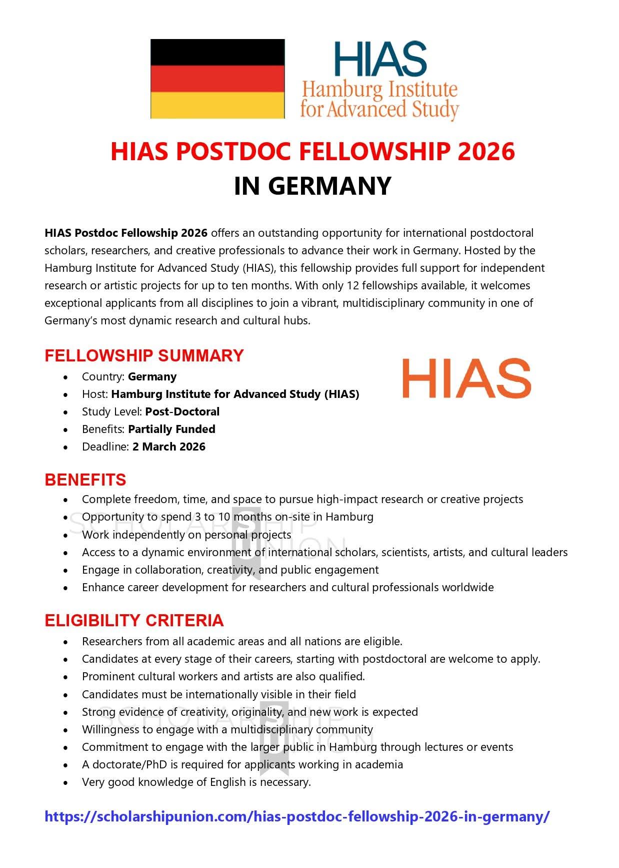 HIAS Postdoc Fellowship 2026 in Germany
