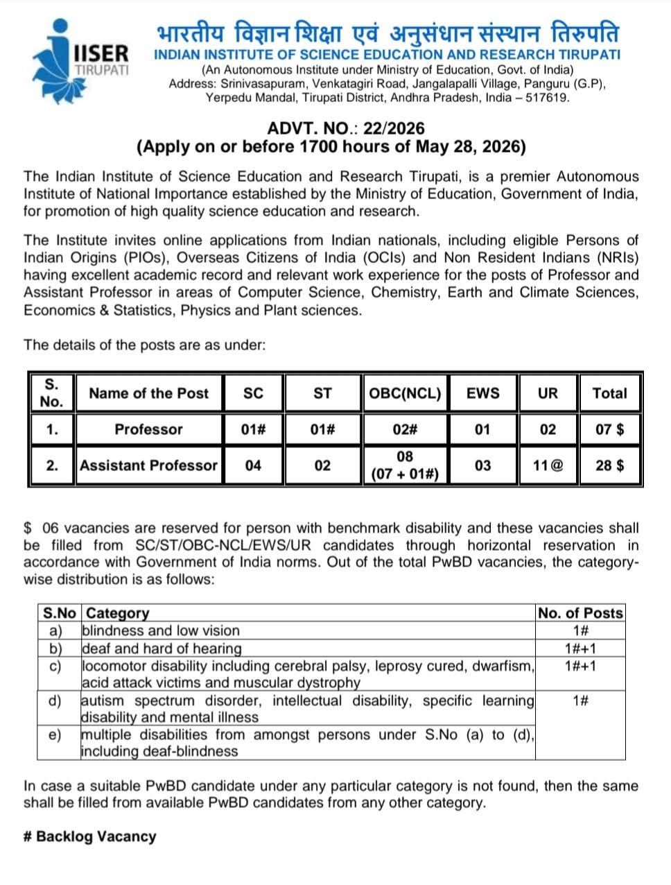 Hiring Faculty at IISER Tirupati