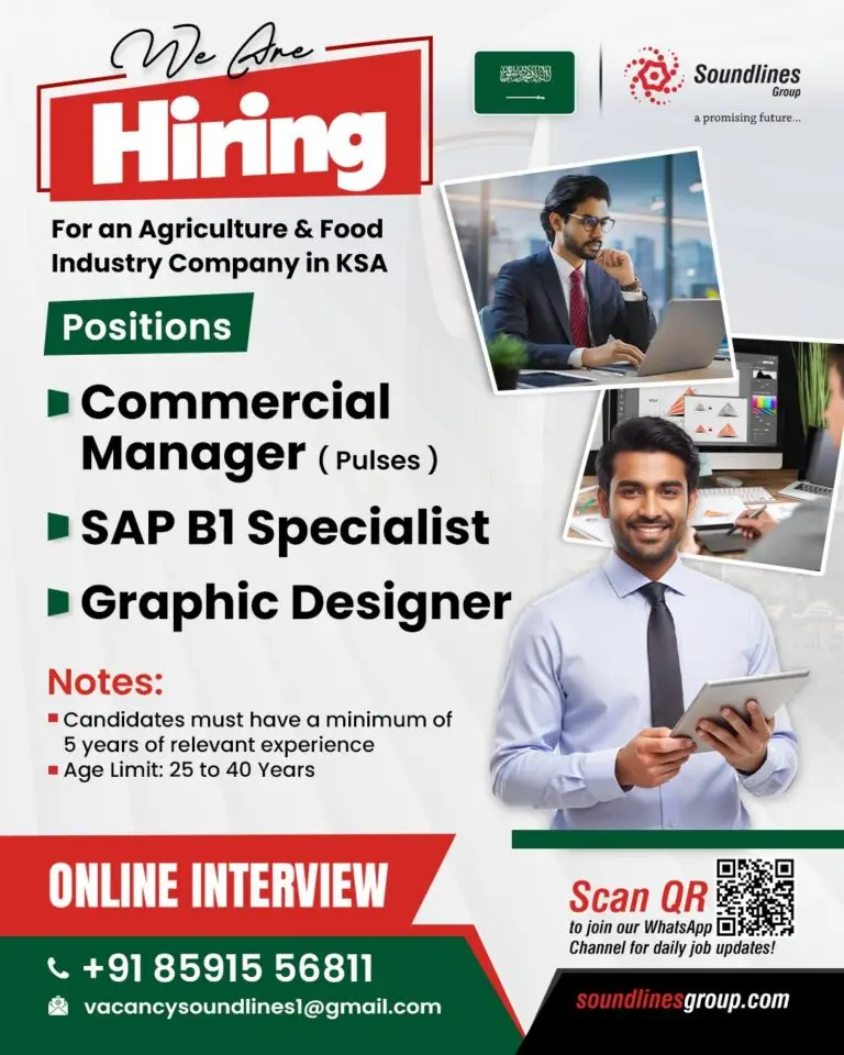 HIRING FOR AN AGRICULTURE & FOOD INDUSTRY COMPANY – SAUDI ARABIA