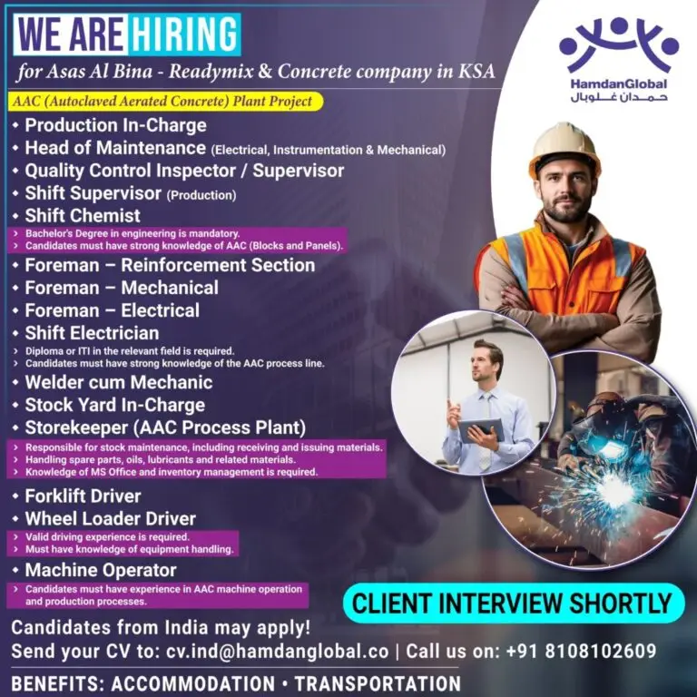 HIRING FOR ASAS Al BINA – READYMIX & CONCRETE COMPANY  - SAUDI ARABIA