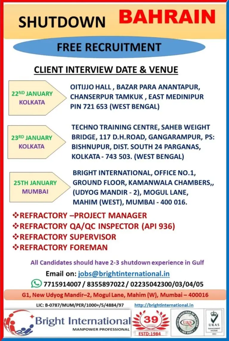 HIRING FOR BAHRAIN SHUTDOWN PROJECT