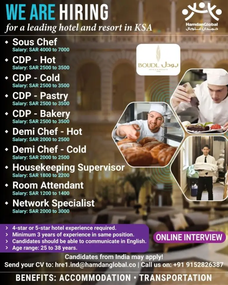 Hiring For BOUDL Hotel And Resort In Saudi Arabia