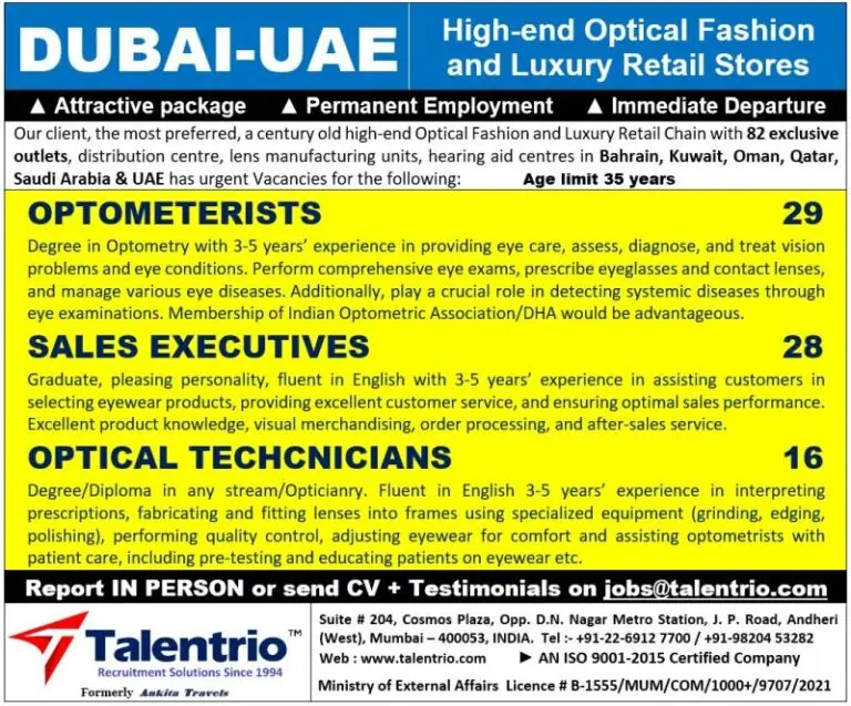 HIRING FOR HIGH-END OPTICAL FASHION AND LUXURY RETAIL CHAIN - DUBAI
