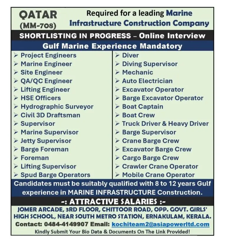 HIRING FOR MARINE INFRASTRUCTURE COMPANY IN QATAR