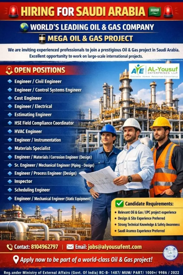 Hiring For Mega Oil & Gas Project In Saudi Arabia