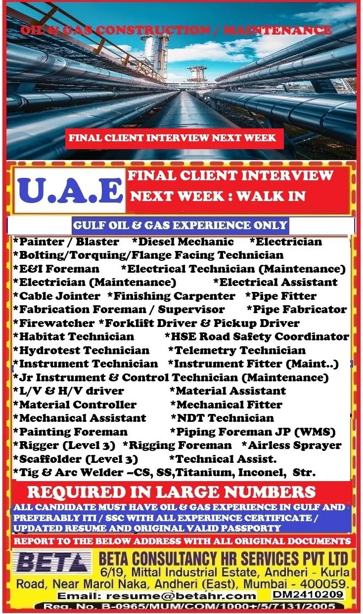 Hiring For Oil & Gas Construction / Maintenance Project In UAE