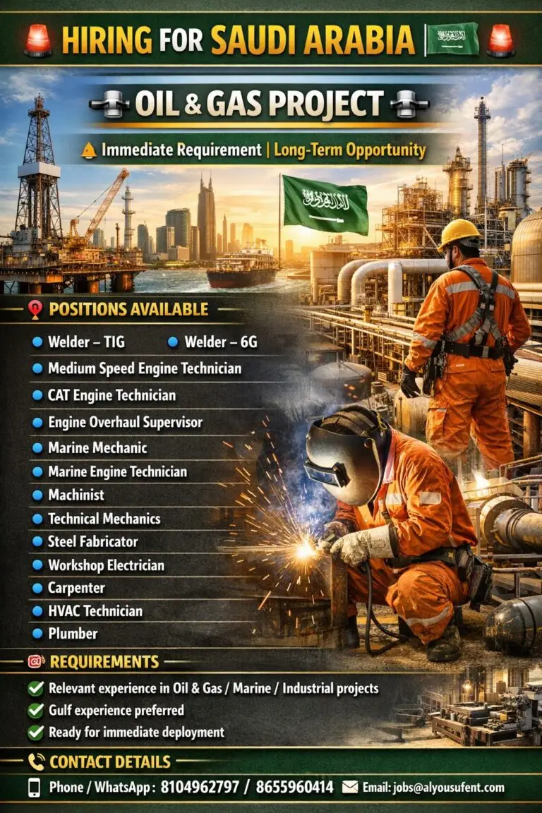 Hiring For Oil & Gas Project In Saudi Arabia