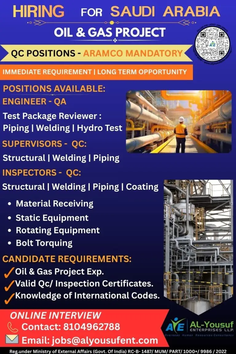 Hiring For Oil & Gas Project In Saudi Arabia