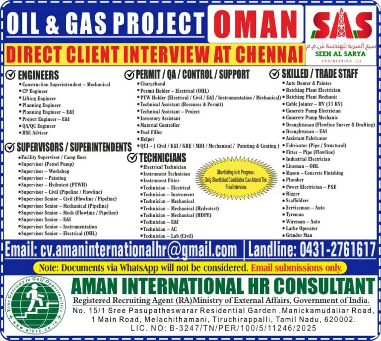 Hiring for Oil & Gas Project – Oman