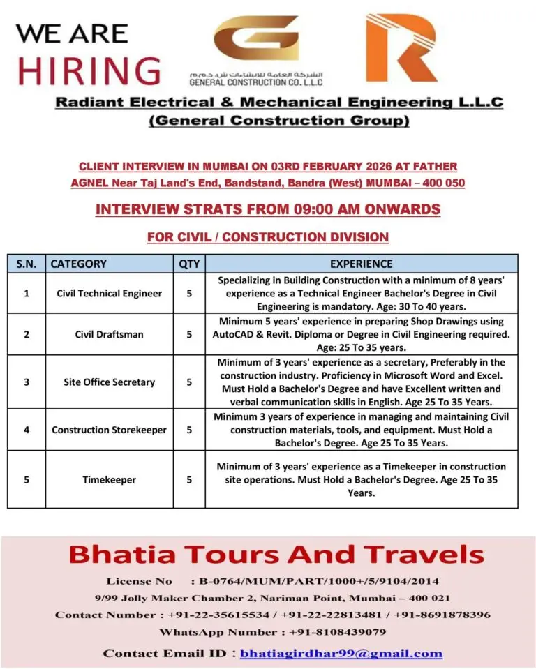 HIRING FOR RADIANT ELECTRICAL & MECHANICAL ENGINEERING L.L.C. – ABU DHABI, UAE