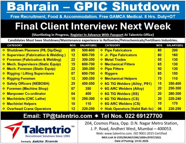 Hiring: GPIC Shutdown Project 2026 - Bahrain