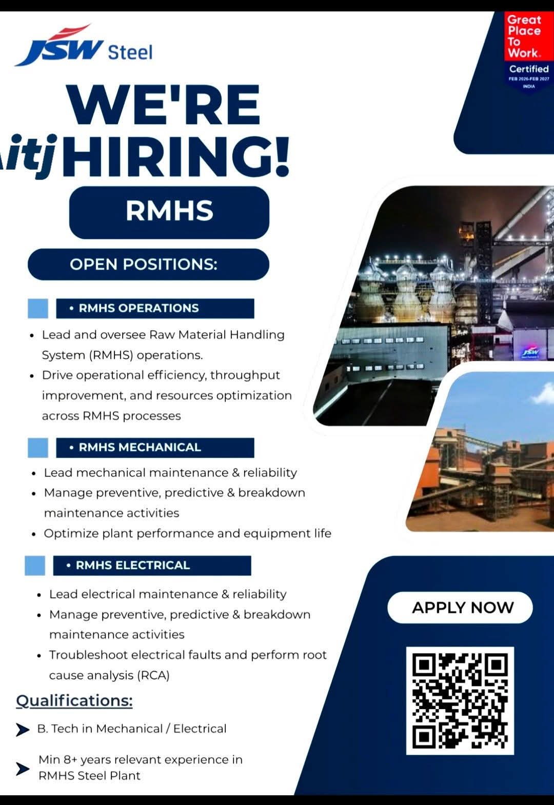 Hiring RMHS Operations, Mechanical, and Electrical