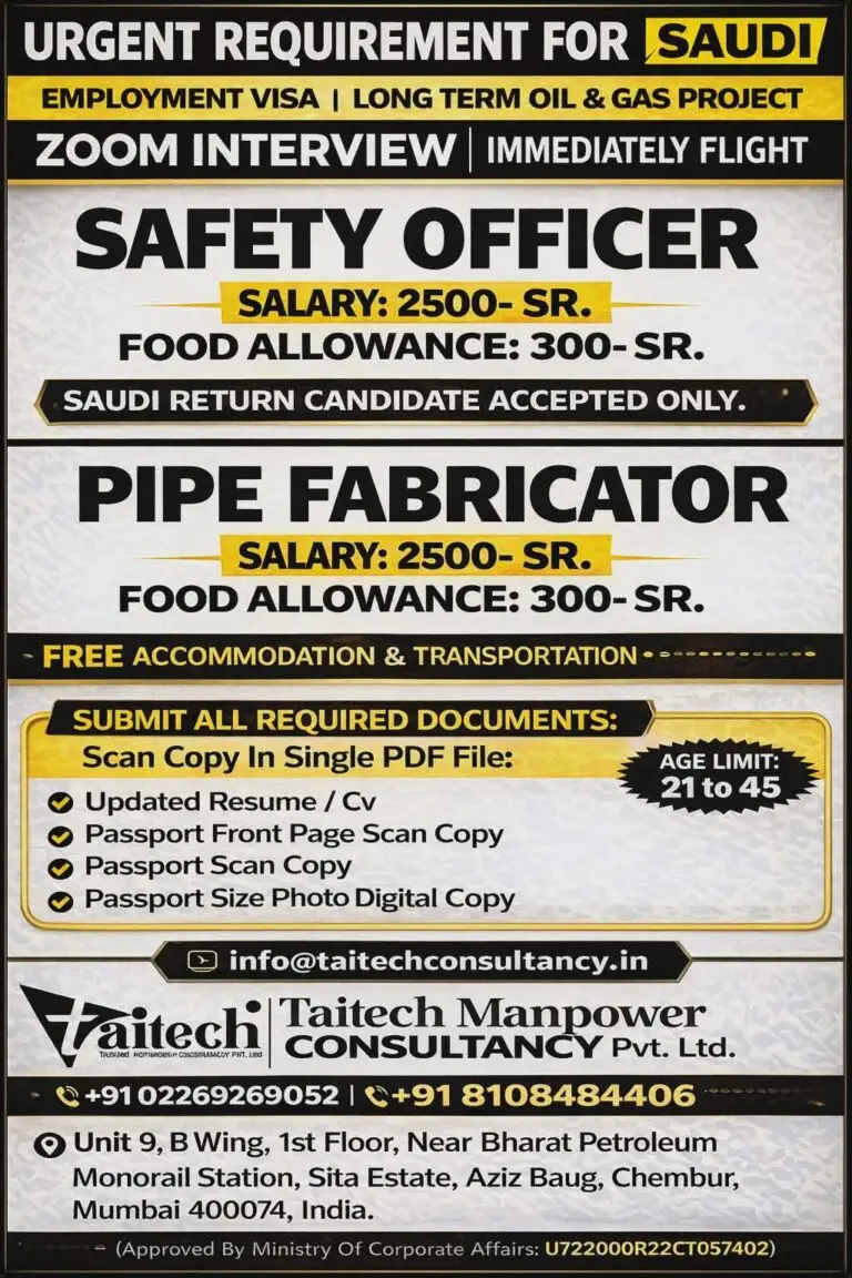 HIRING: SAFETY OFFICER & PIPE FABRICATOR - SAUDI ARABIA