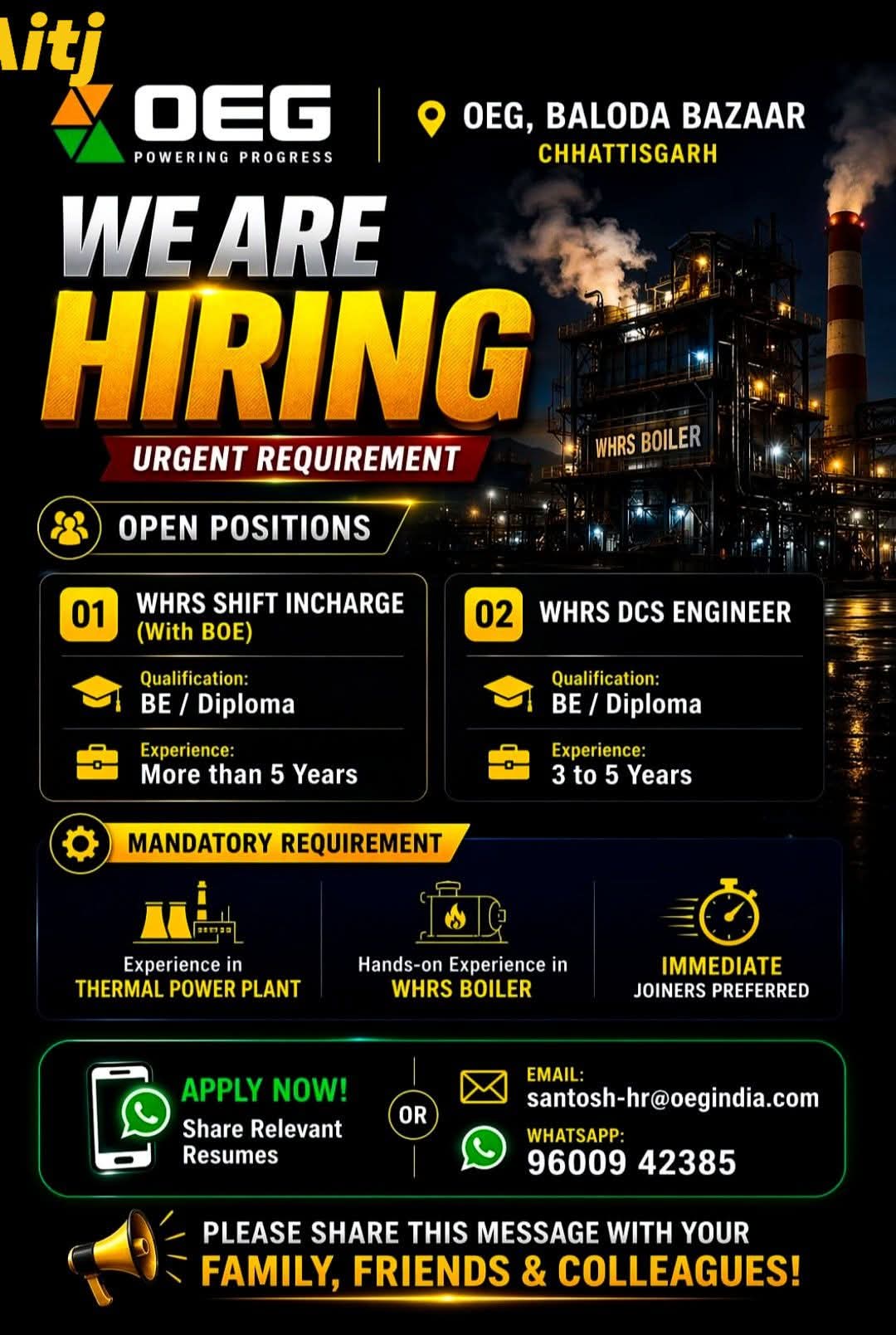 Hiring WHRS Shift Incharge and a WHRS DCS Engineer