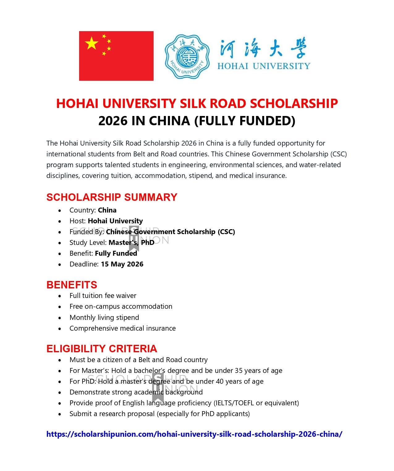 Hohai University Silk Road Scholarship 2026 in China