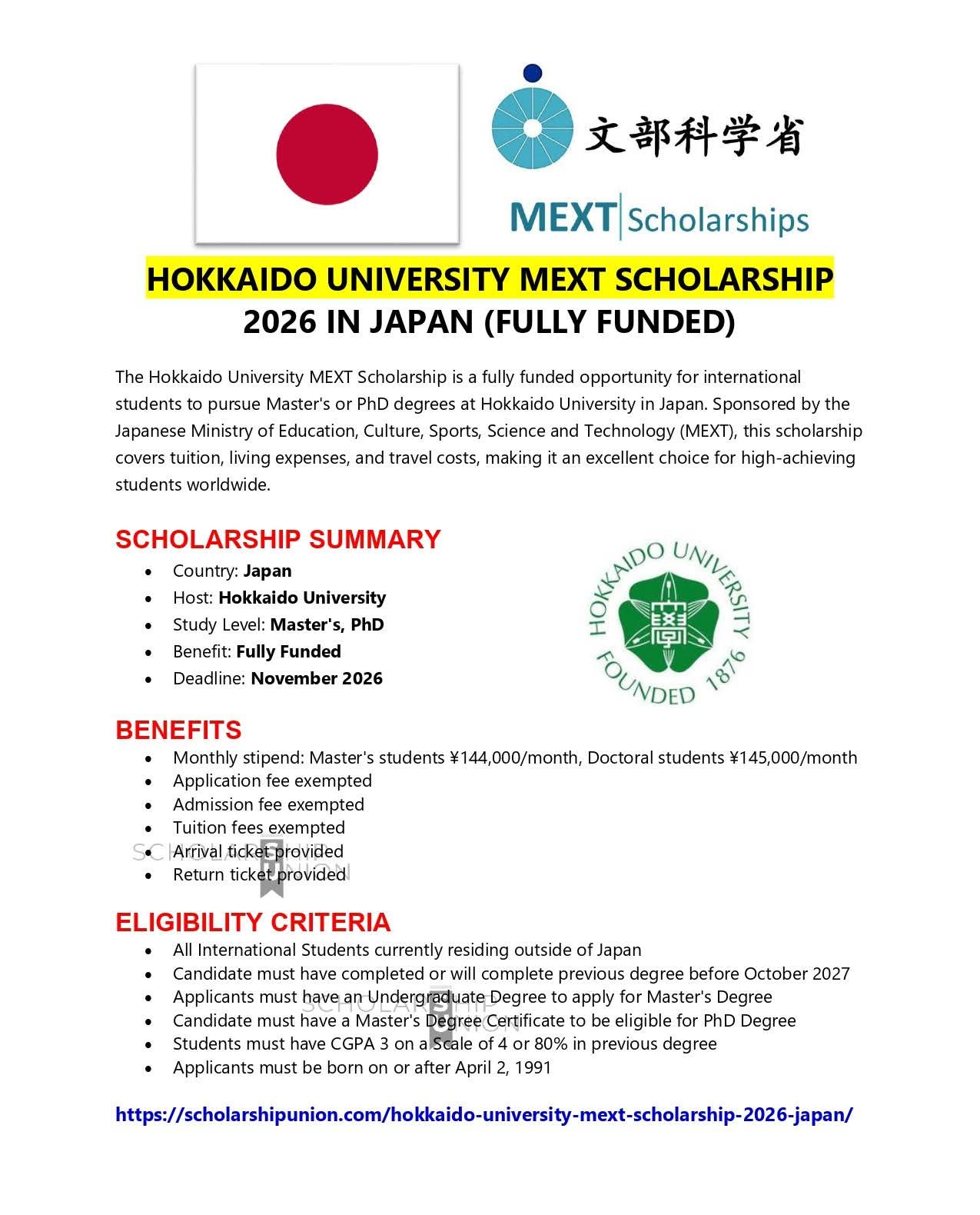 Hokkaido University MEXT Scholarship 2026 in Japan