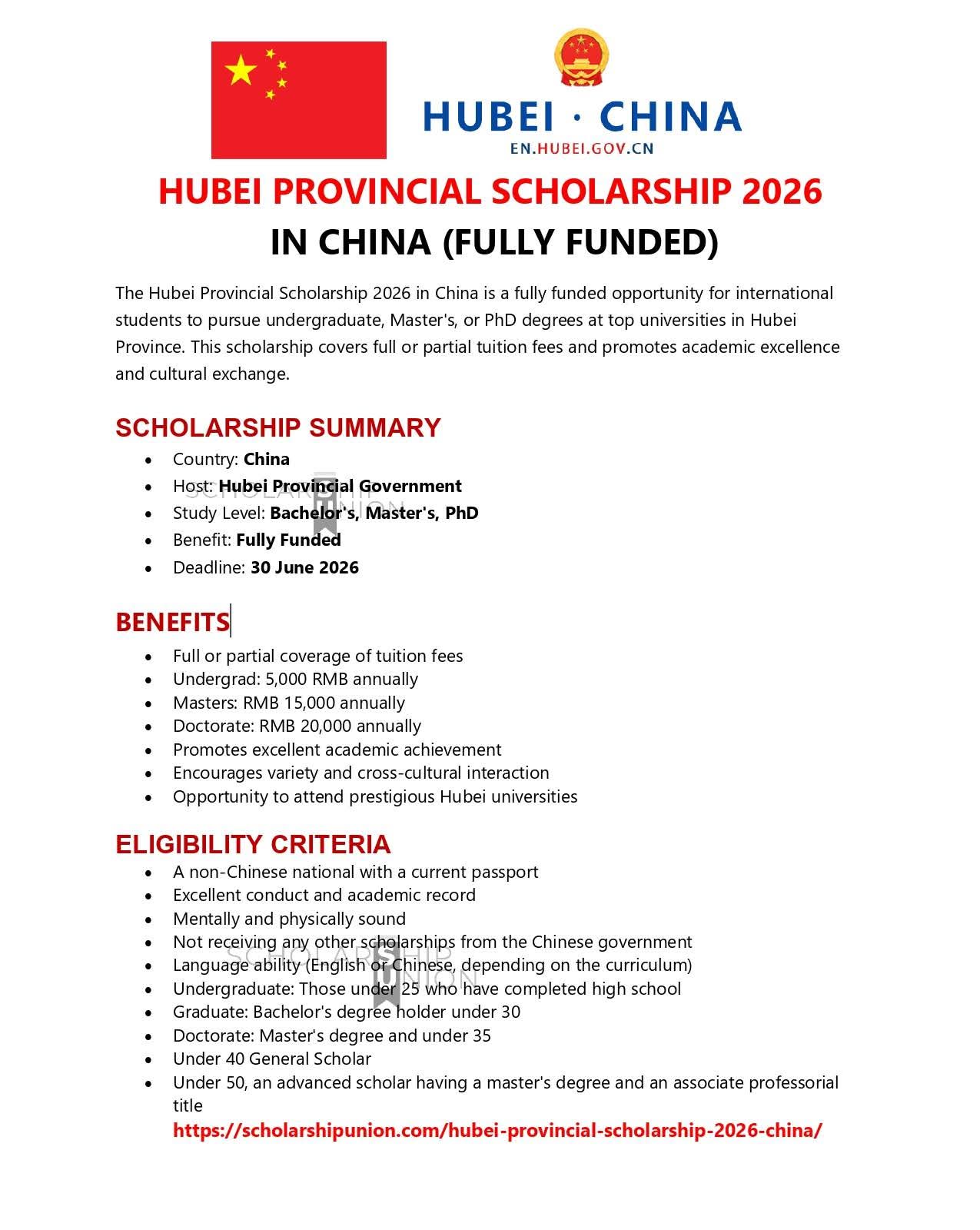 Hubei Provincial Scholarship 2026 in China