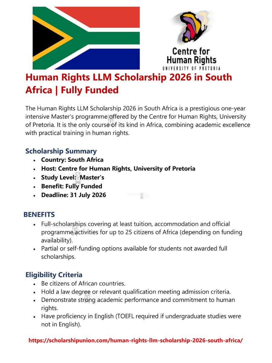 Human Rights LLM Scholarship 2026 in South Africa