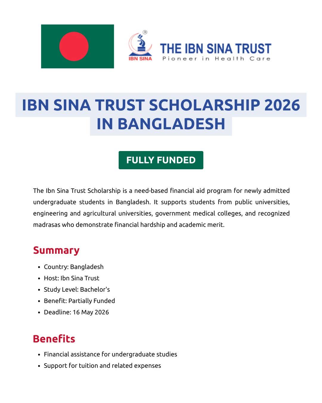 Ibn Sina Trust Scholarship 2026 in Bangladesh