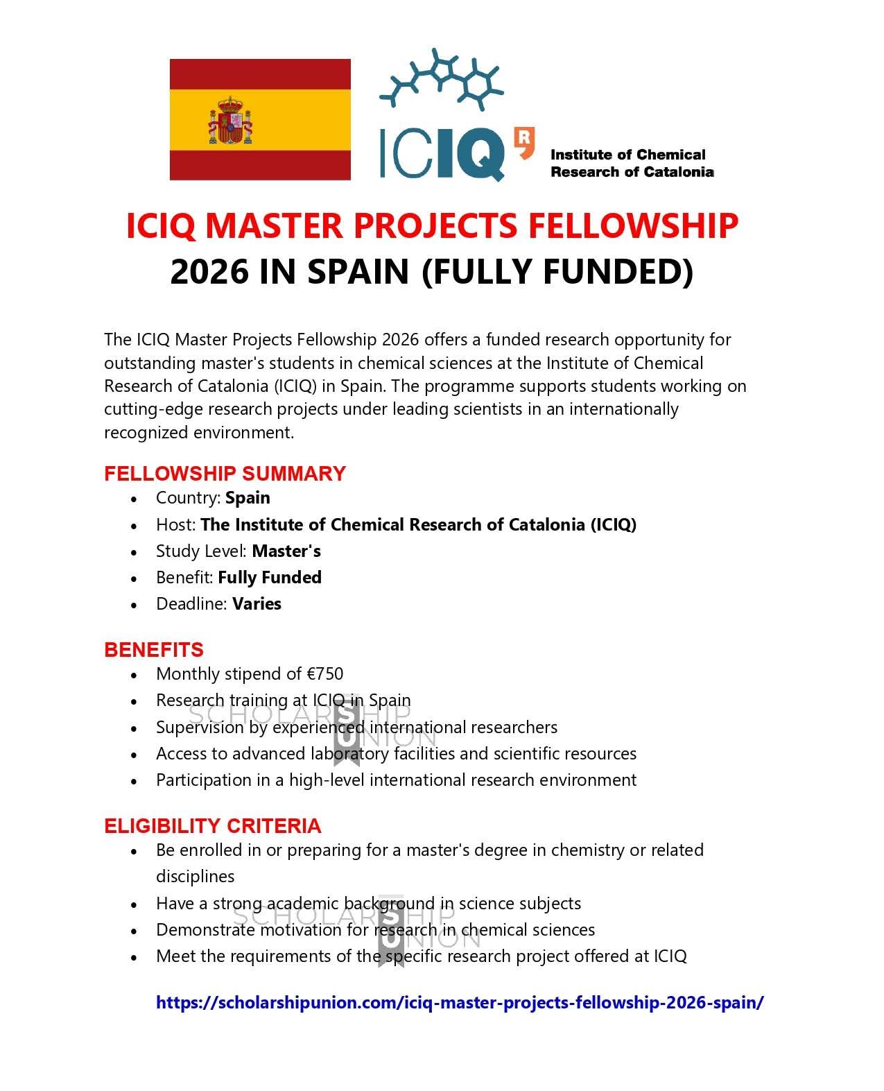 ICIQ Master Projects Fellowship 2026 in Spain