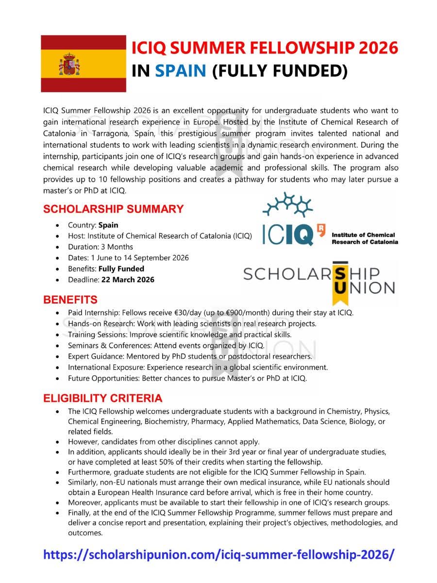ICIQ Summer Fellowship 2026 In Spain