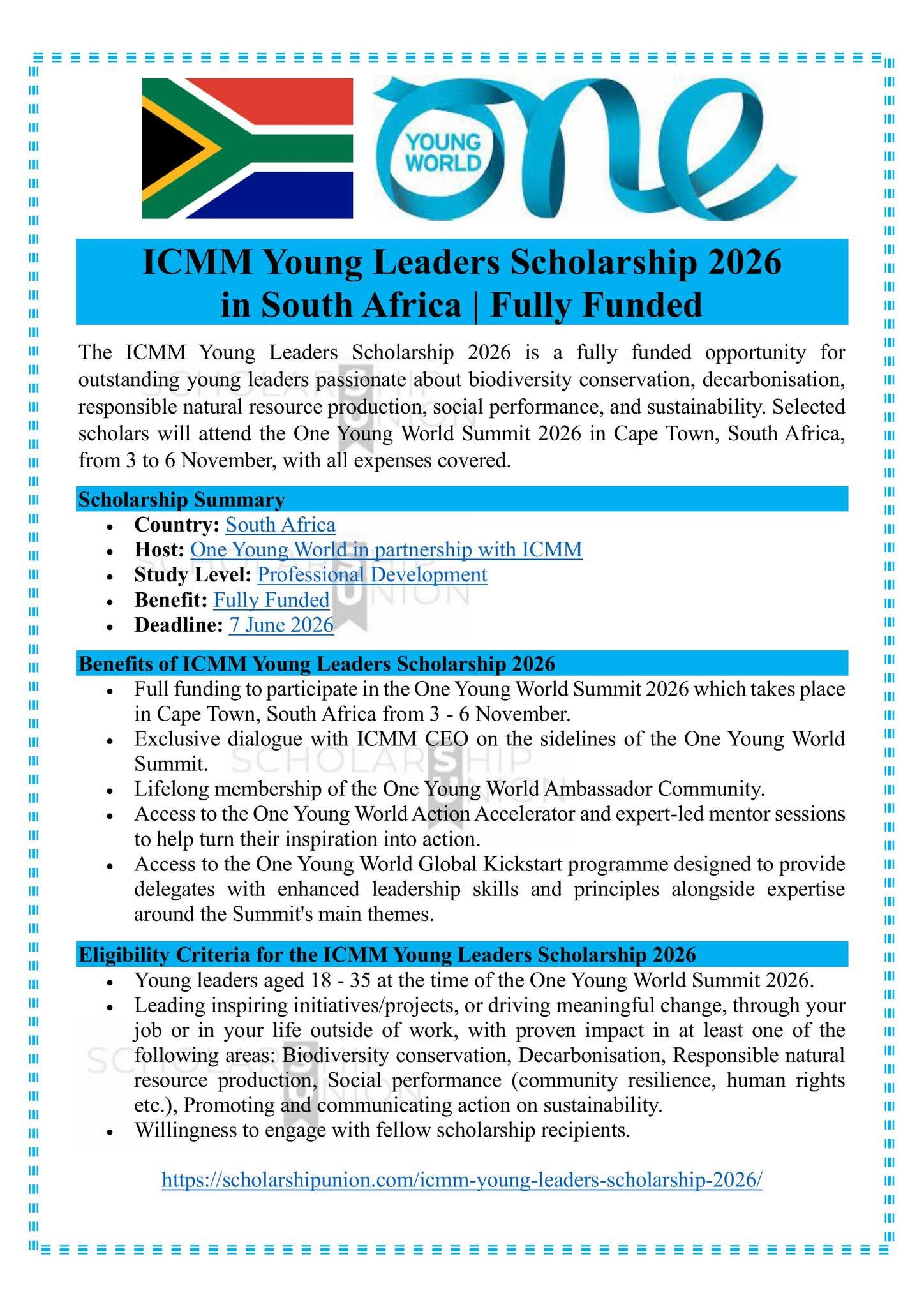 ICMM Young Leaders Scholarship 2026 in South Africa