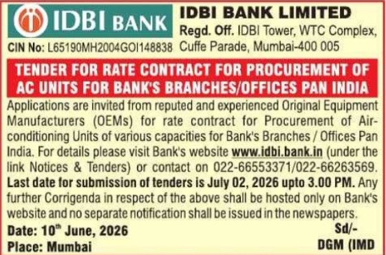 IDBI Bank AC Procurement Tender Notice