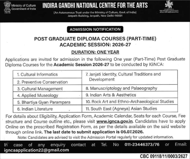 IGNCA: PG Diploma Part-Time Admissions