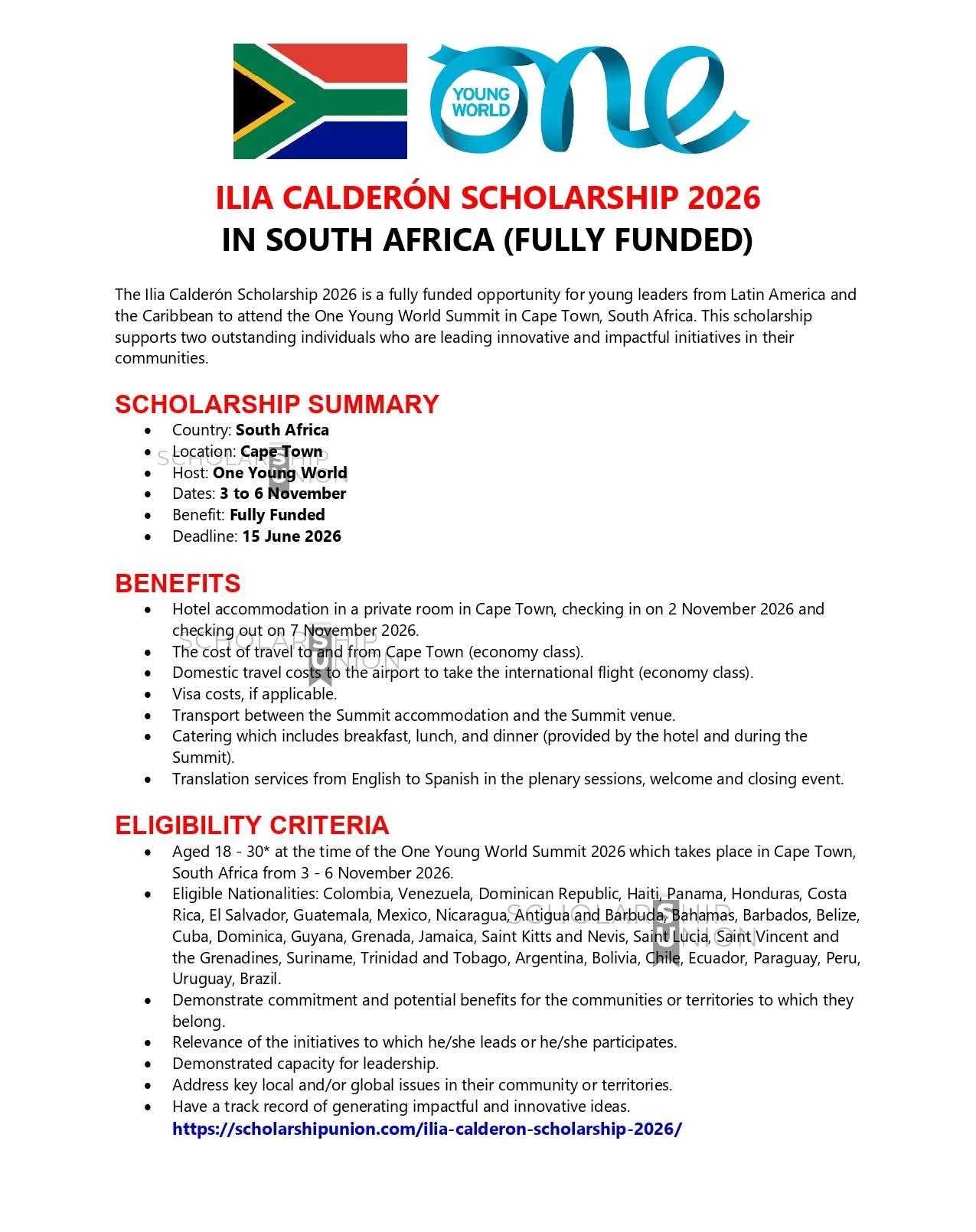 Ilia Calderón Scholarship 2026 in South Africa