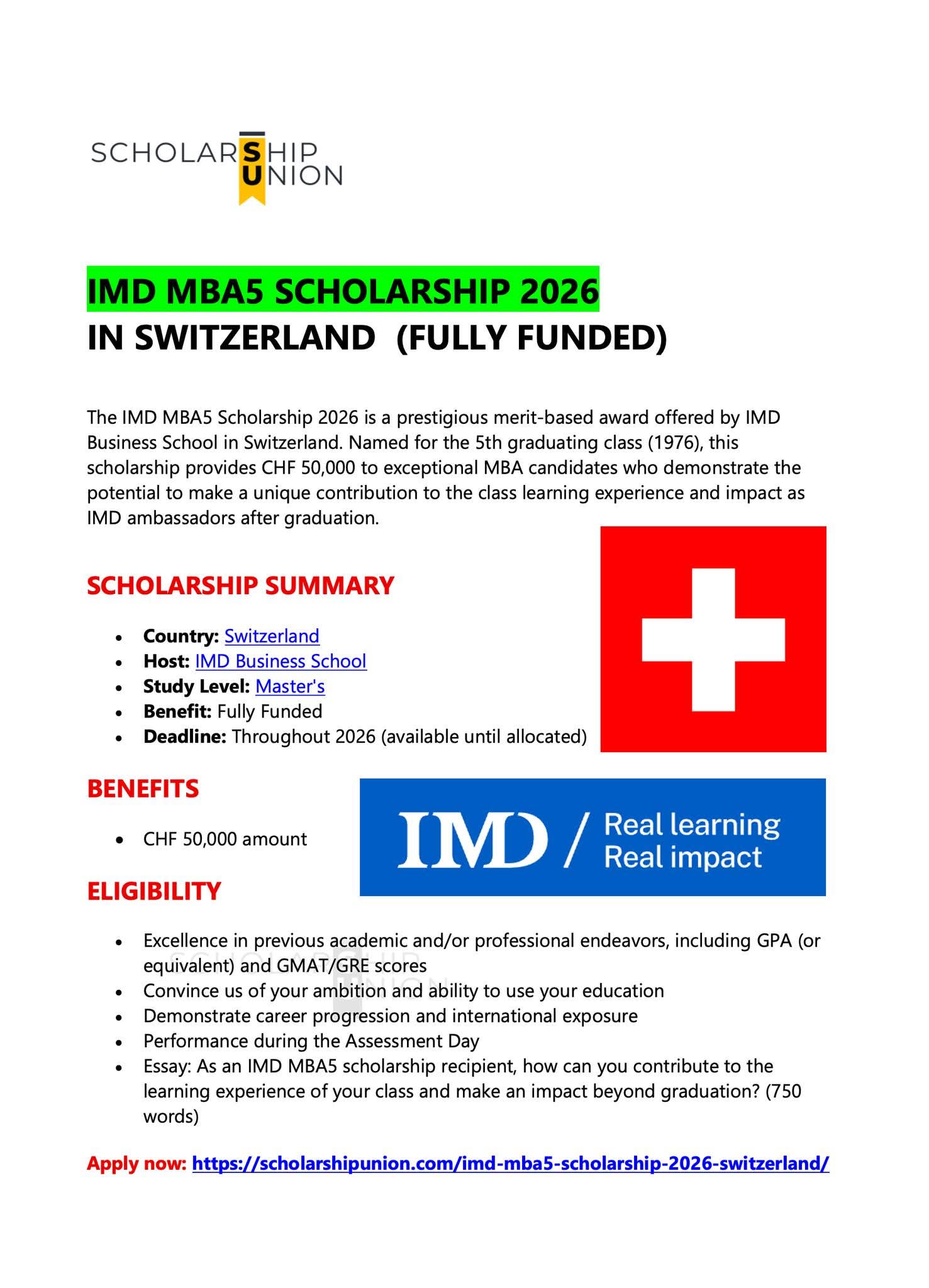 IMD MBA5 Scholarship 2026 in Switzerland