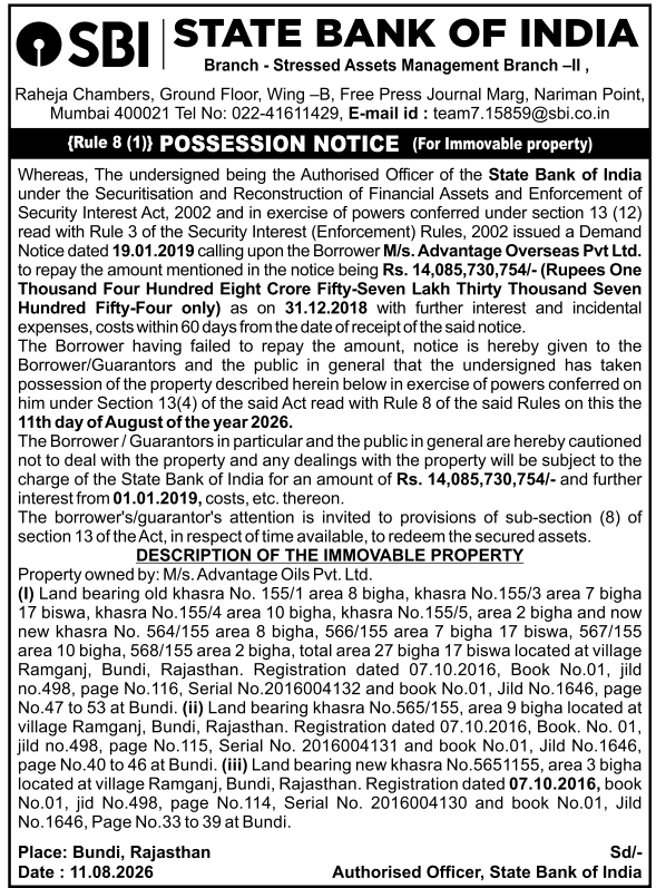 Immovable Property Possession Notice Against M/s. Advantage Overseas Pvt Ltd