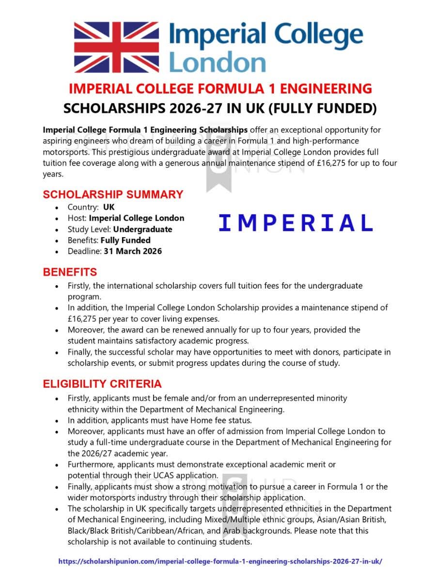 Imperial College Formula 1 Engineering Scholarship 2026 - 27 in UK