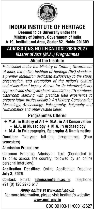 Indian Institute of Heritage: M.A. Admissions 2026-2027