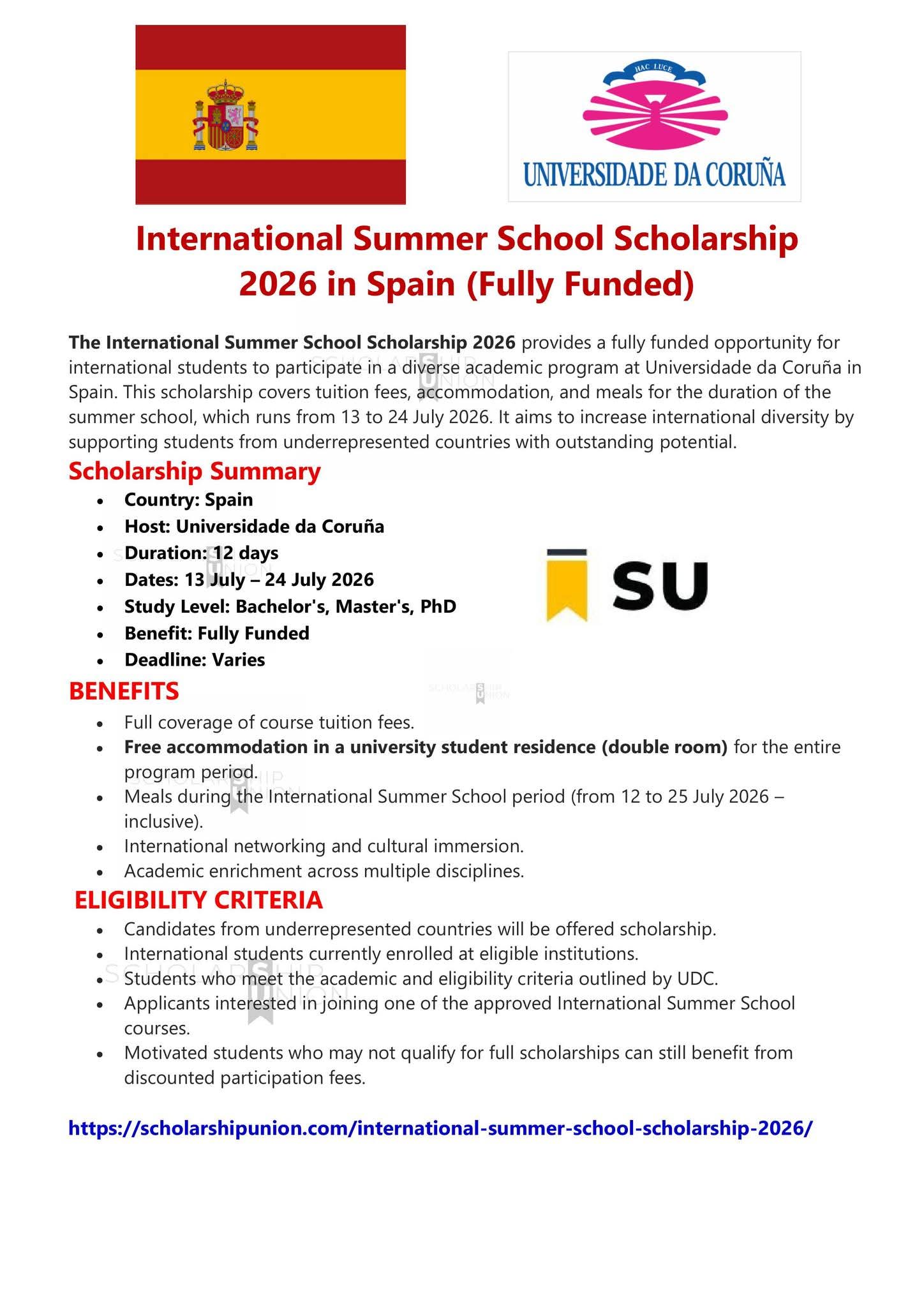 International Summer School Scholarship 2026 in Spain