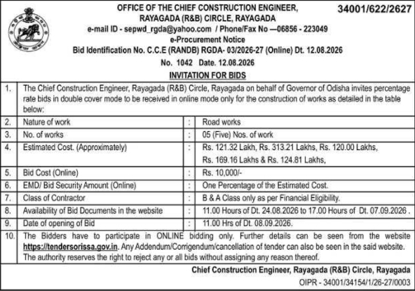 Invitation for Bids for Road Construction Works by Rayagada R&B Circle