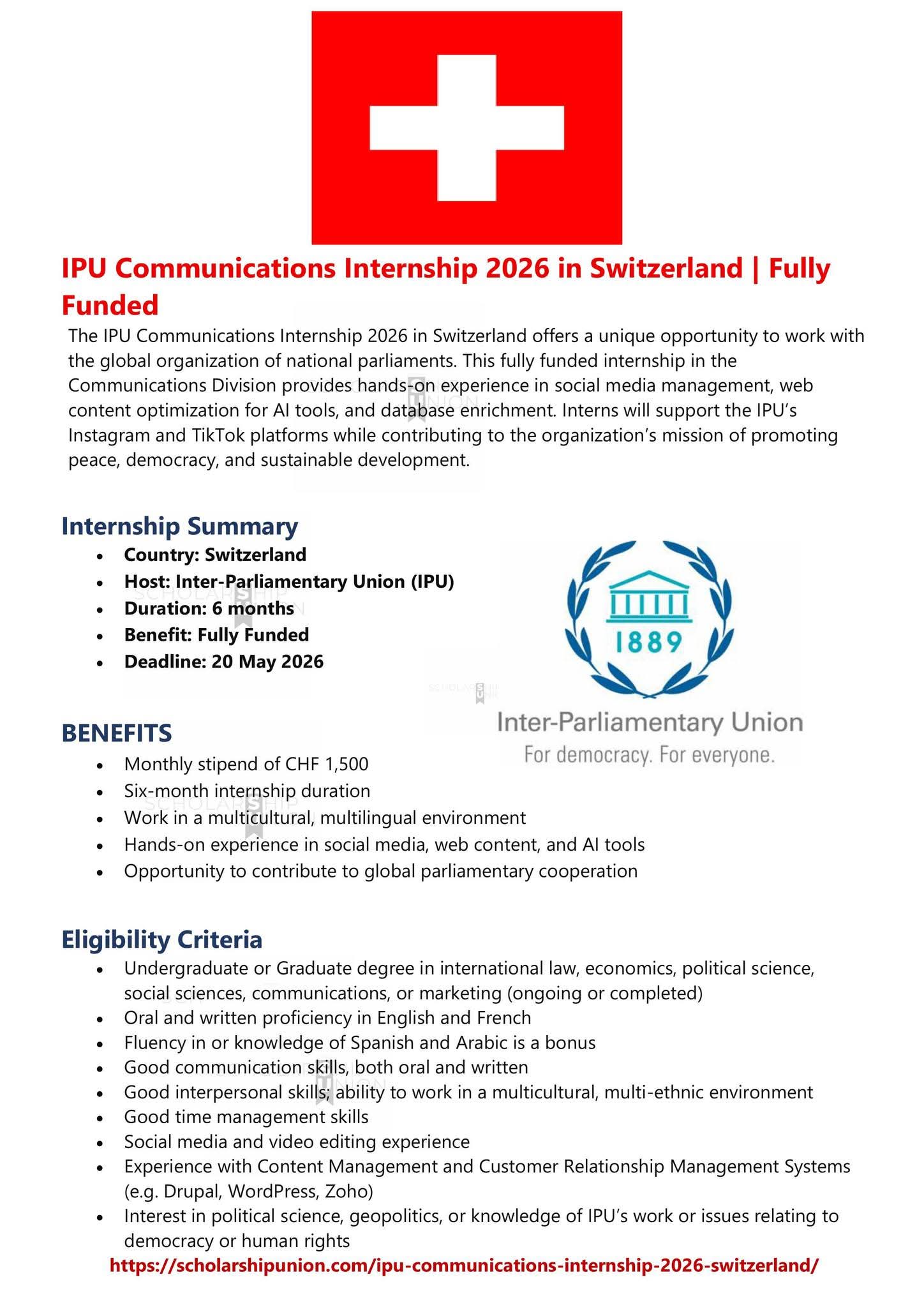 IPU Communications Internship 2026 in Switzerland