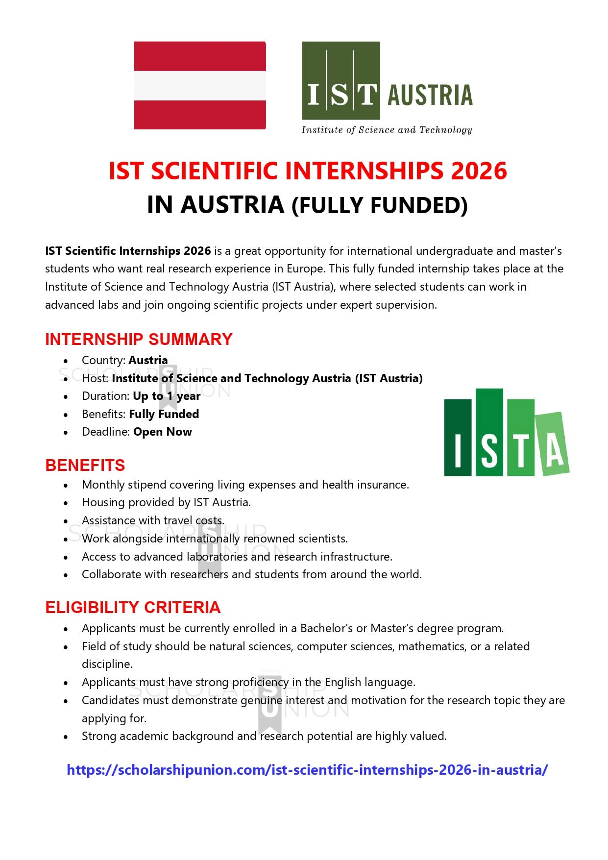 IST Scientific Internships 2026 in Austria