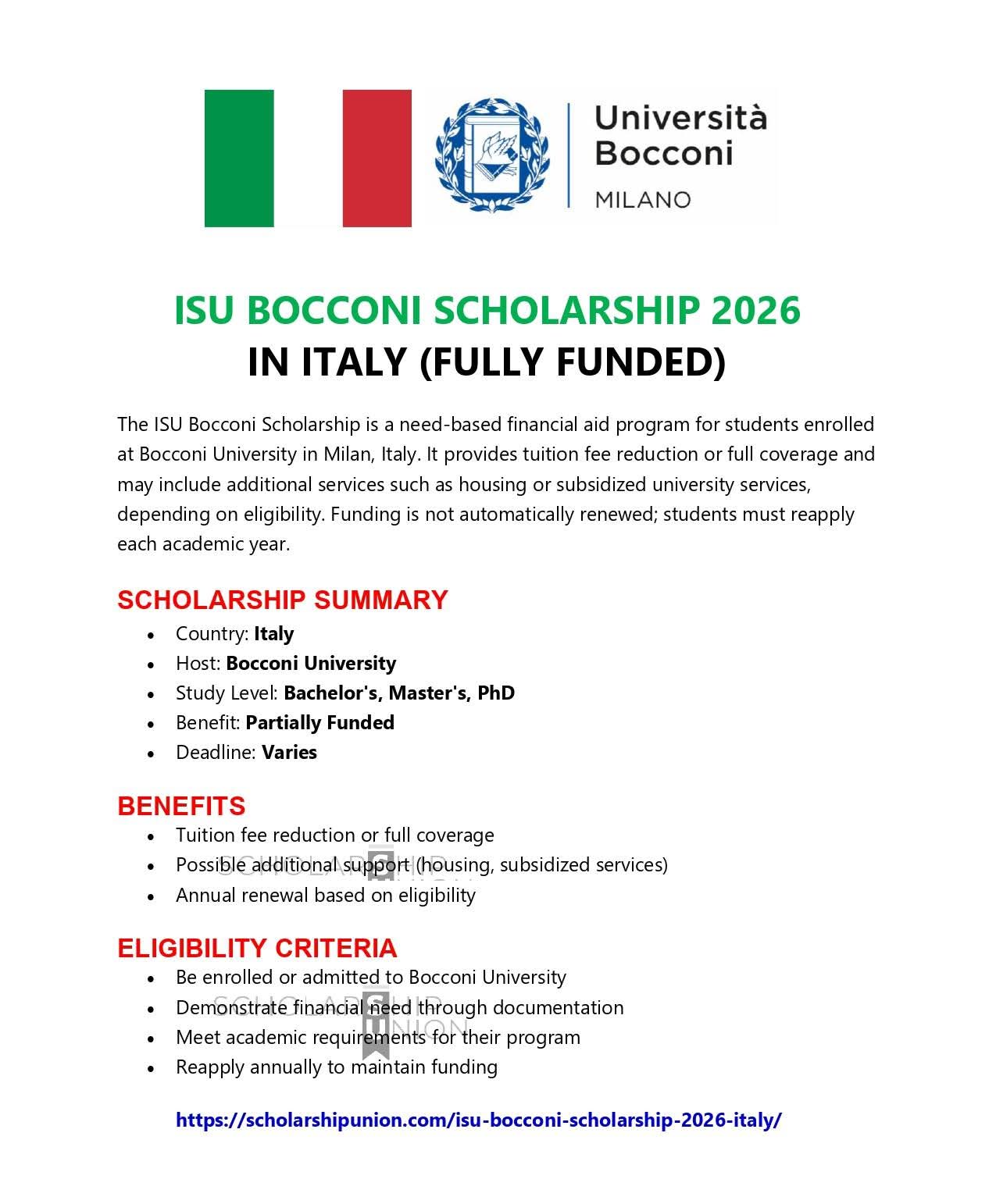 ISU Bocconi Scholarship 2026 in Italy