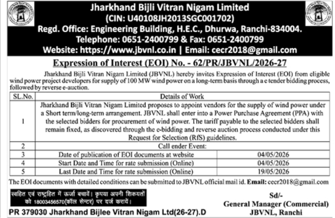 JBVNL EOI Notice: Supply of 100 MW Wind Power