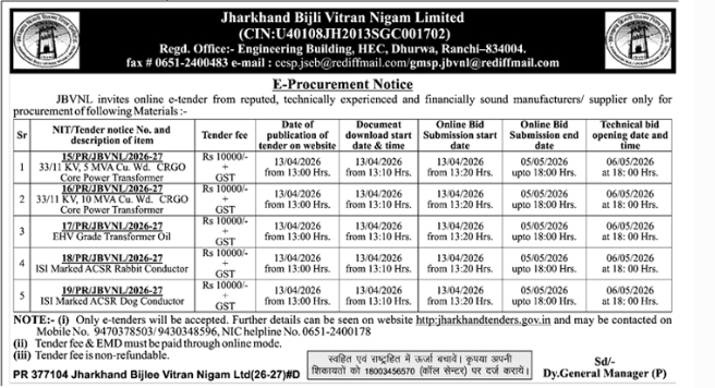 Jharkhand Bijli Vitran Nigam Limited E-Tender Notice
